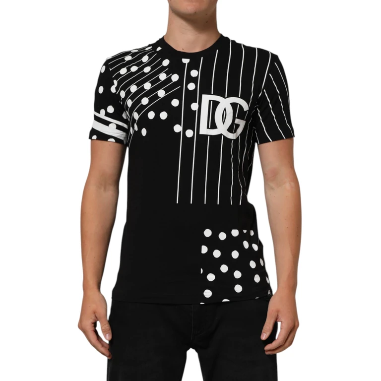 Dolce & Gabbana Black Cotton Polka Dots Round Neck T-Shirt - Men