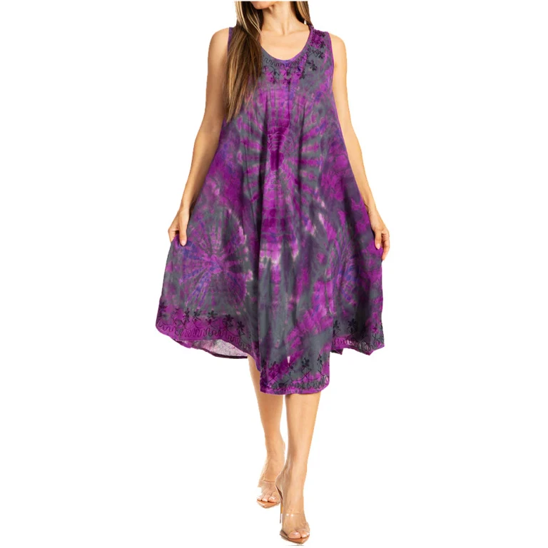 Sakkas Nora Sleeveless Embroidered Short Tie Dye Caftan Dress / Cover Up