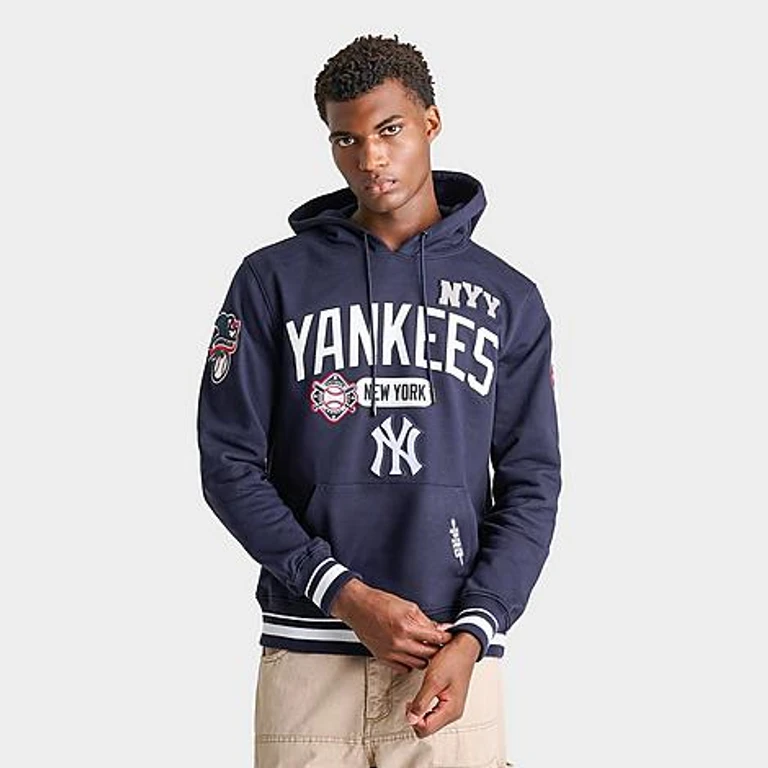 Pro Standard Men's New York Yankees MLB Letterman Fleece Pullover Hoodie in Midnight Navy Size: Small