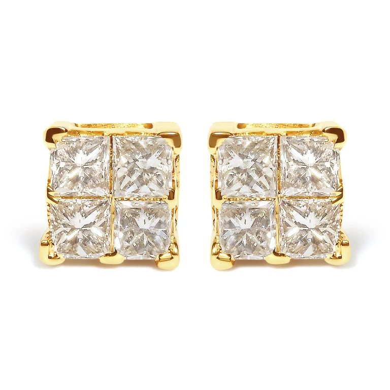 10K Yellow Gold 3/4 Cttw Invisible Set Princess-Cut Diamond Composite Square Stud Earrings (I-J Color, I2-I3 Clarity)