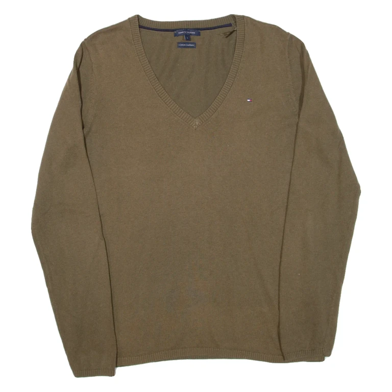 TOMMY HILFIGER Womens Jumper Green V-Neck Tight Knit L