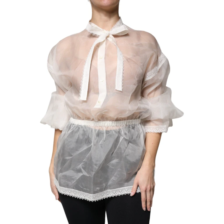 Dolce & Gabbana White Ascot Collar Long Sleeves Blouse Top Silk Cotton - Women