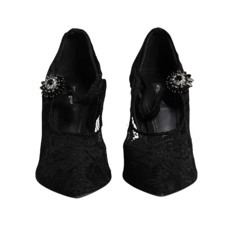 Dolce & Gabbana Black Lace Crystals Mary Jane Pumps Shoes Nylon Viscose Elastane - Women