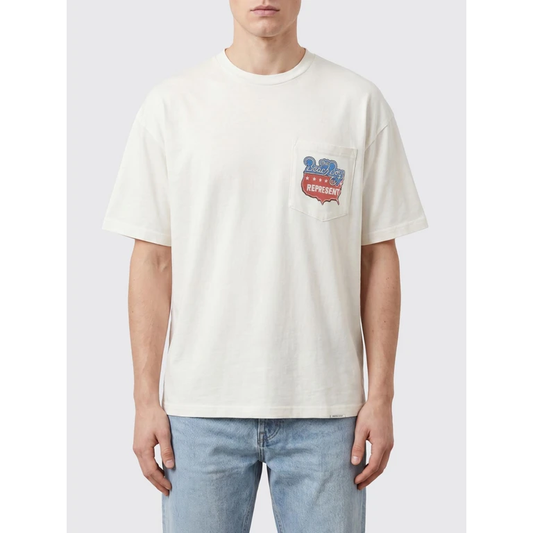 Crewneck Cotton-Hemp T-Shirt with Graphic Print and Patch Pocket (MLM101221FLATWHITE)