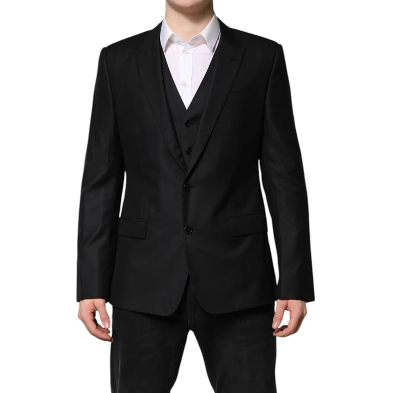 Dolce & Gabbana Black Single Breasted Suit 2 Piece Jacket Virgin Wool Silk - Men