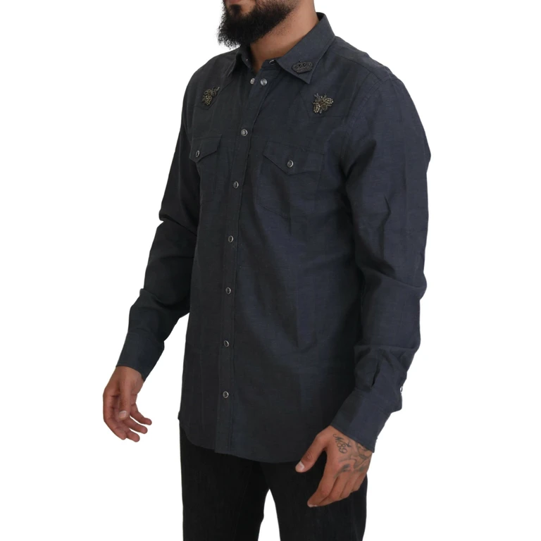 Dolce & Gabbana Blue Cotton Denim Crystal Bee Shirt - Men