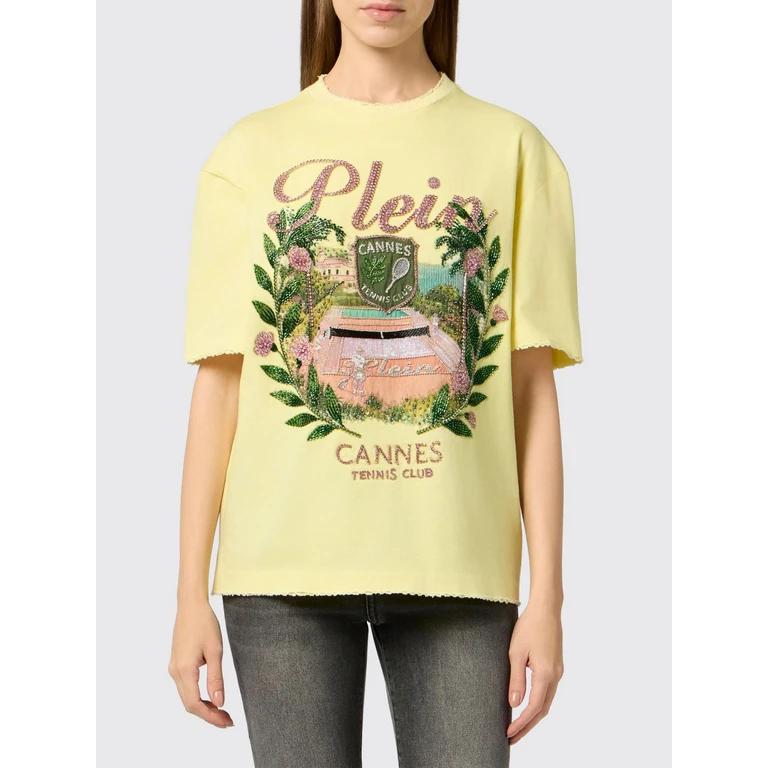 Relaxed Fit Cotton T-shirt with Rhinestones and Fringed Hem (PAFCWTK3933PJY002N09)