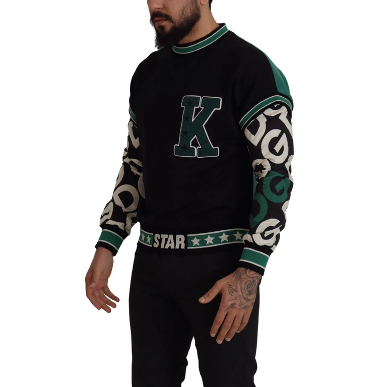 Dolce & Gabbana Black Green Cotton King Star Crewneck Pullover Sweater Clothing - Men