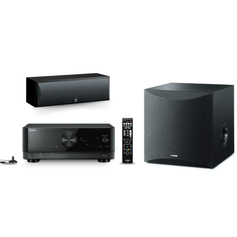RX-V4A 5.2-Channel AV Receiver + NS-SW050BL 8" 100W Powered Subwoofer + NS-C210BL Center Channel Speaker (Black) Bundle