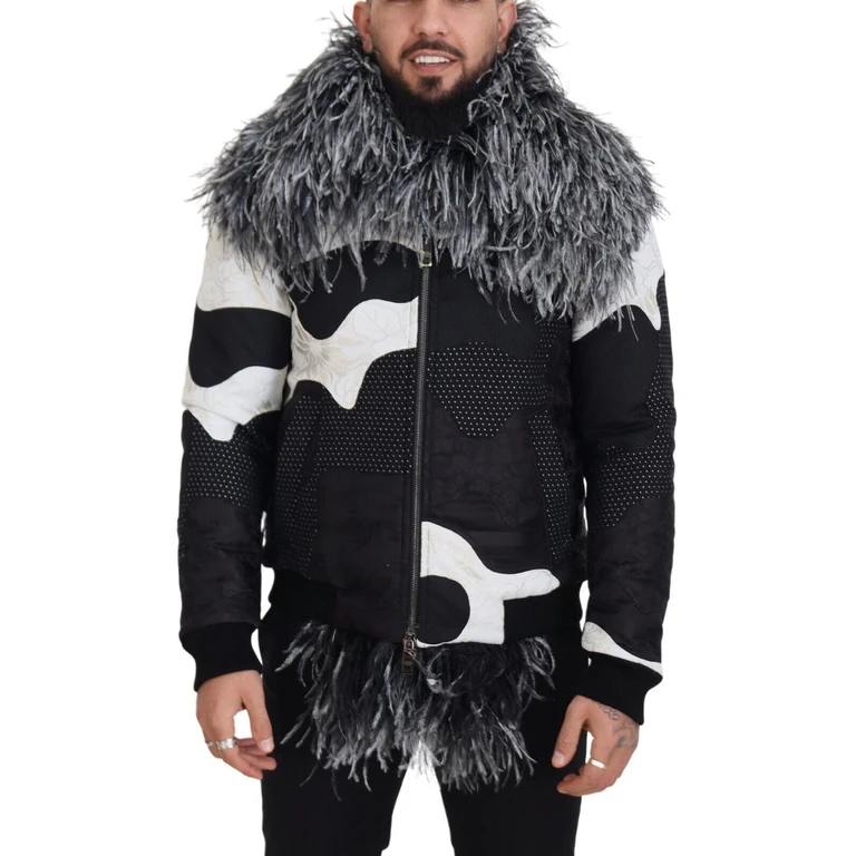 Black White Fur Shearling Full Zip Jacket And Silk Clothing - Men
