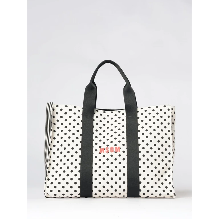 MSGM Polka-Dot and Striped Canvas Tote Bag with Contrasting Logo Print (4042MDZ13932BLACK)