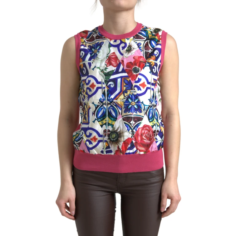 Dolce & Gabbana Multicolor Majolica Floral Crew Neck Tank Top Cashmere Silk Nylon - Women