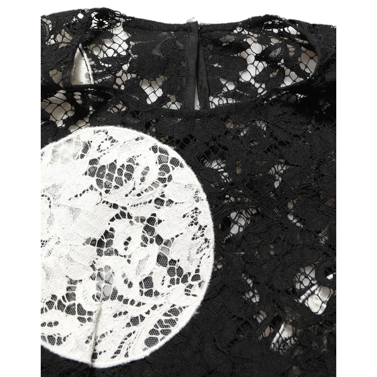 Black White Floral Lace Short Sleeve Blouse Top - Women