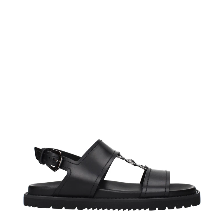 Versace Black Leather Flat Sandals - Men
