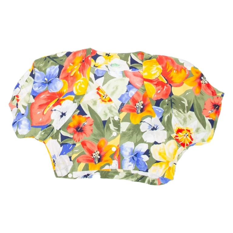 Womens Cropped Blouse Green V-Neck Floral M