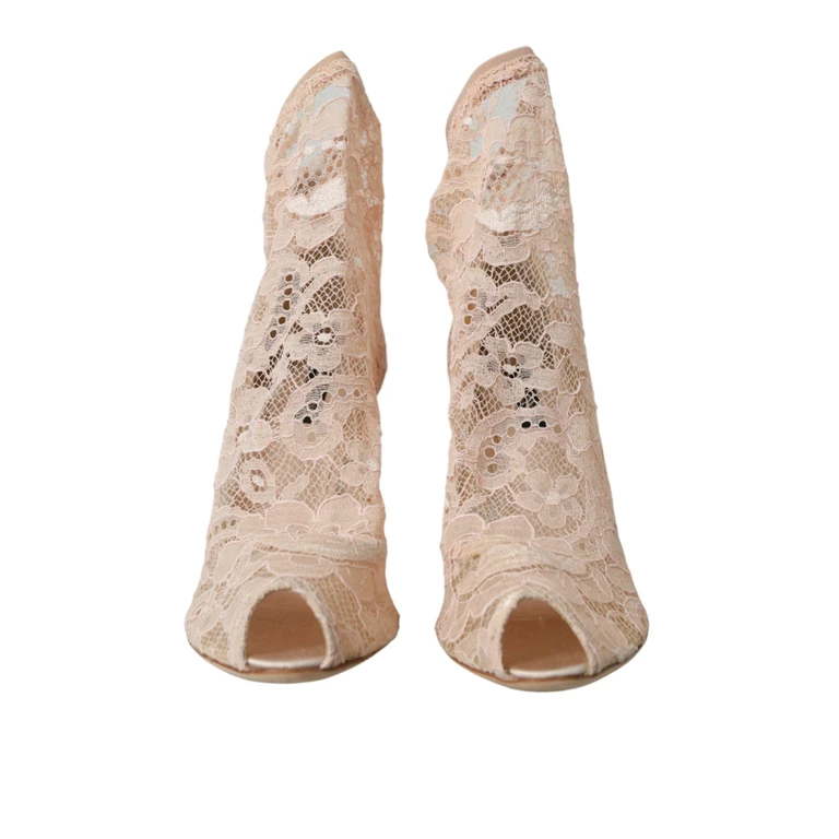 Dolce & Gabbana Beige Stretch Taormina Lace Boots Shoes Nylon Viscose Elastane Silk - Women