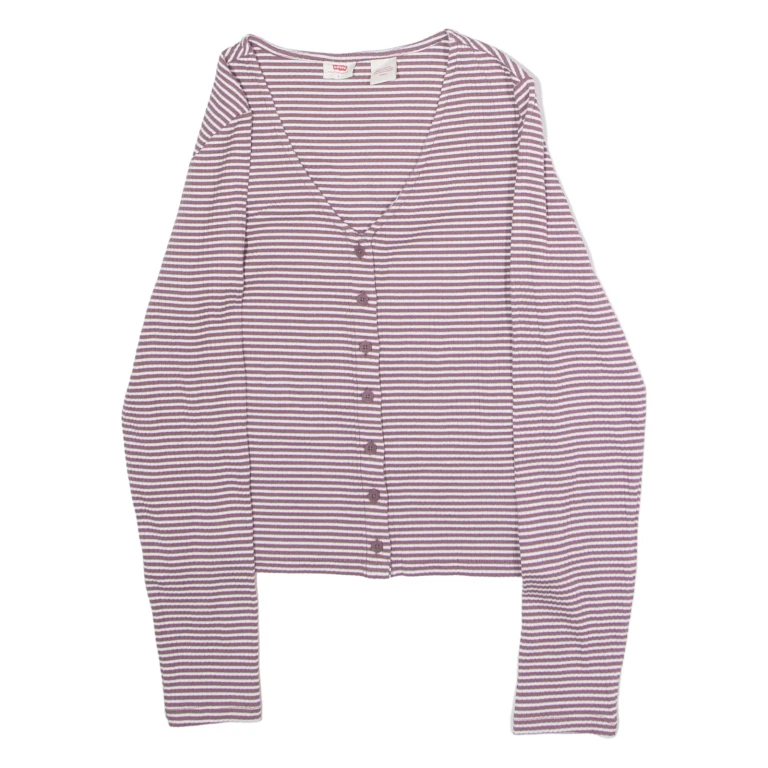 LEVI'S Womens Patterned Cardigan Maroon Striped V-Neck Tight Knit S