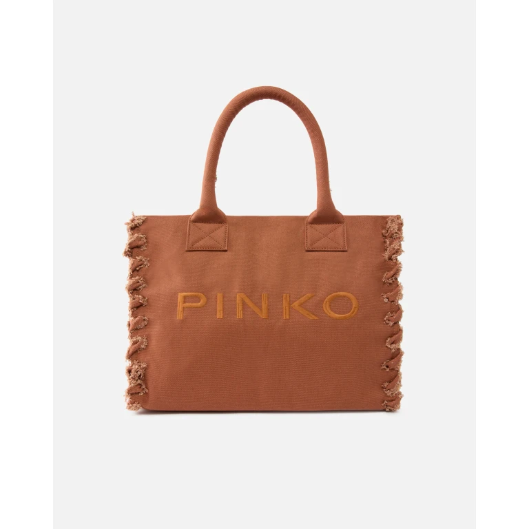 Pinko - Cabas moyen Beach en canvas à logo et franges
