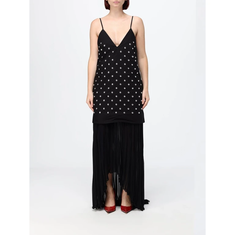 MSGM Pleated Cotton Long Evening Gown with V-Neck and Embroidery (4042MDA26PX267112BLACK)