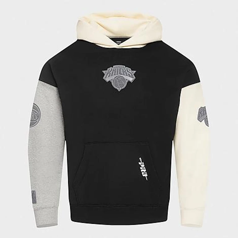 Pro Standard Men's New York Knicks NBA Reverse French Terry Pullover Hoodie in Black/Grey/Eggshell Size: Small