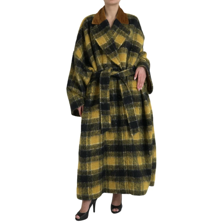 Yellow Checkered Long Sleeve Coat Jacket Clothing - Women