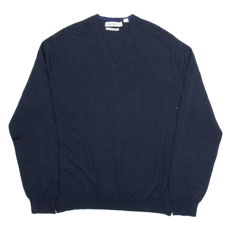 CALVIN KLEIN Mens Jumper Blue V-Neck Tight Knit Wool L