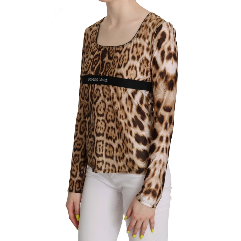 Brown Round Neck Leopard Women Top Blouse Polyamide - Women