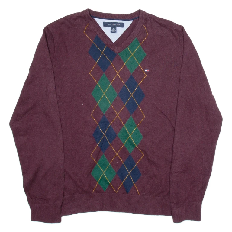 TOMMY HILFIGER Mens Patterned Jumper Maroon Argyle V-Neck Tight Knit M