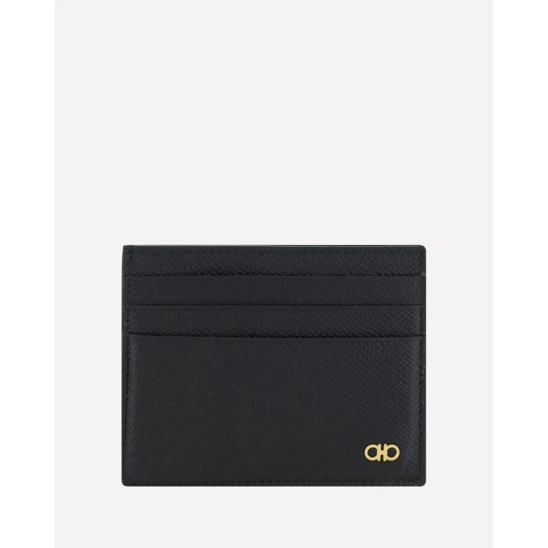 Ferragamo Black Card-holder With Micro Gancini Detail In Hammered Leather Uomo