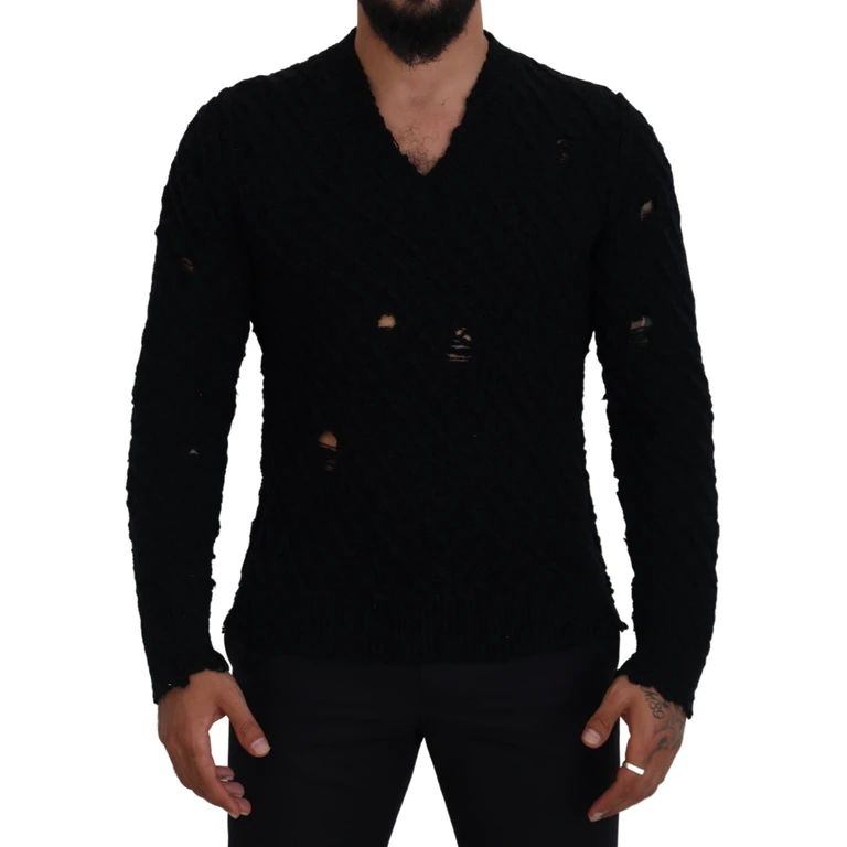 Dolce & Gabbana Black Wool V-Neck Knitted Pullover Sweater Clothing - Men