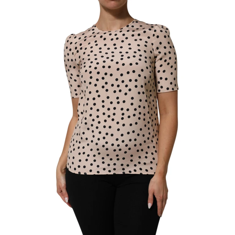 Dolce & Gabbana Beige Black Polka Dot Silk Short Sleeve Blouse Top - Women