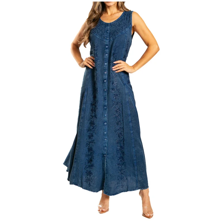 Sakkas Maya Floral Embroidered Sleeveless Button Up Rayon Dress