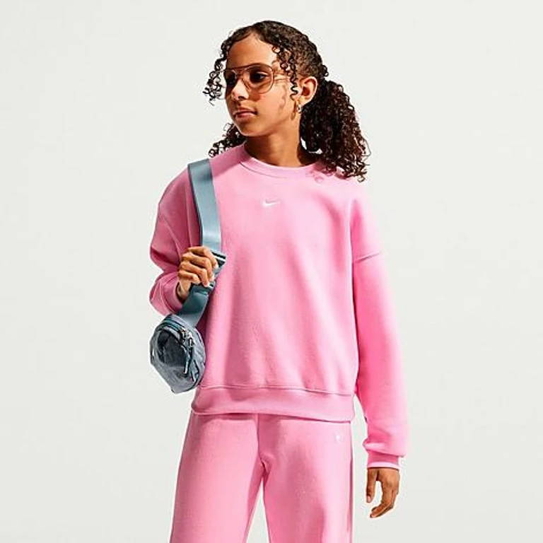 Nike Girls' Big Kids Sportswear Studio Boxy Fleece Crewneck Sweatshirt in Pink Rise Size: XS