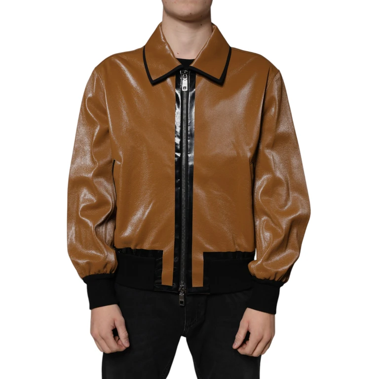 Brown Leather Full Zip Men Bomber Jacket Clothing - Men