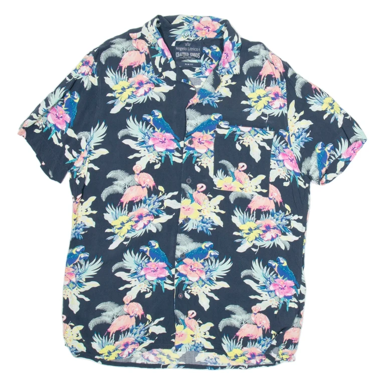 ANGELO LITRICO Mens Hawaiian Shirt Blue Viscose Floral L