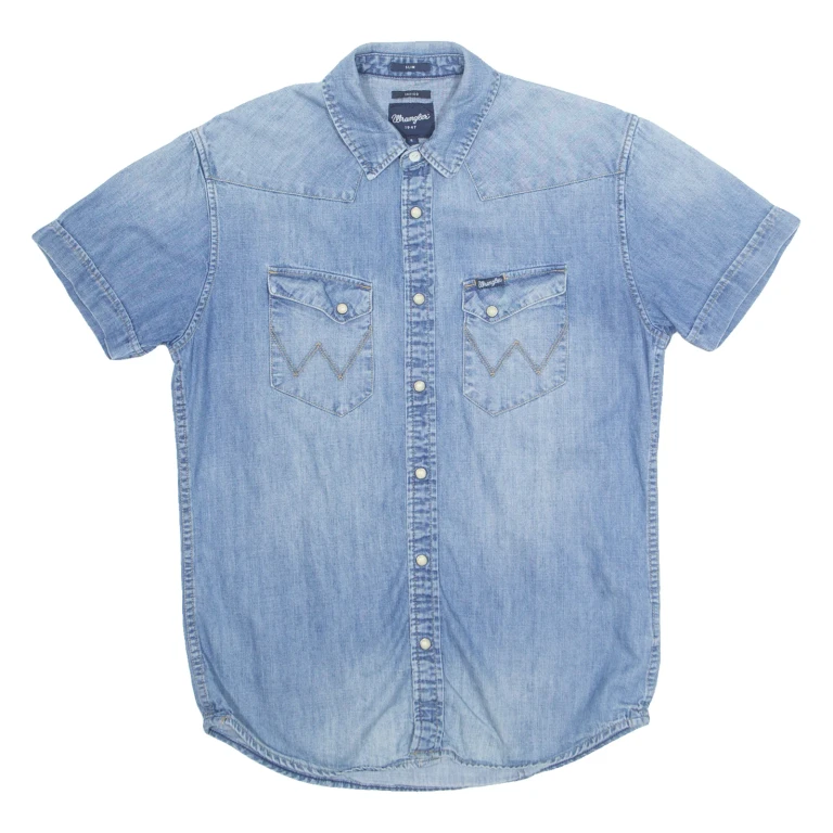 WRANGLER Slim Fit Denim Look Mens Plain Shirt Blue S