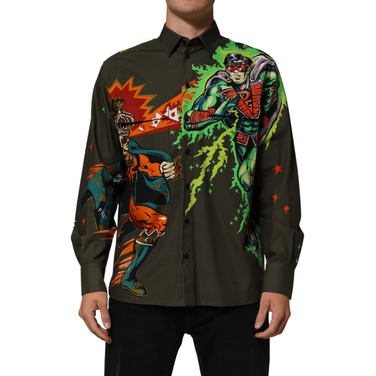 Dolce & Gabbana Green Superhero Print Button Down Shirt Brown - Men