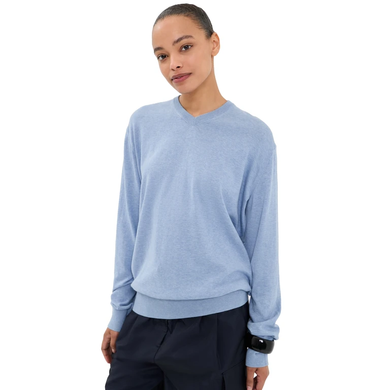 Tibi Super Fine Gauge Perfect V Neck Pullover Blue Melange XXS