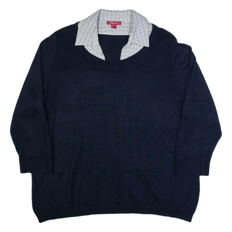 MONSOON Womens Jumper Blue Collared Tight Knit 3/4 Sleeve Wool UK 22