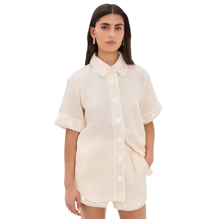 English Factory Floral Linen Button Down Shirt Light Beige M