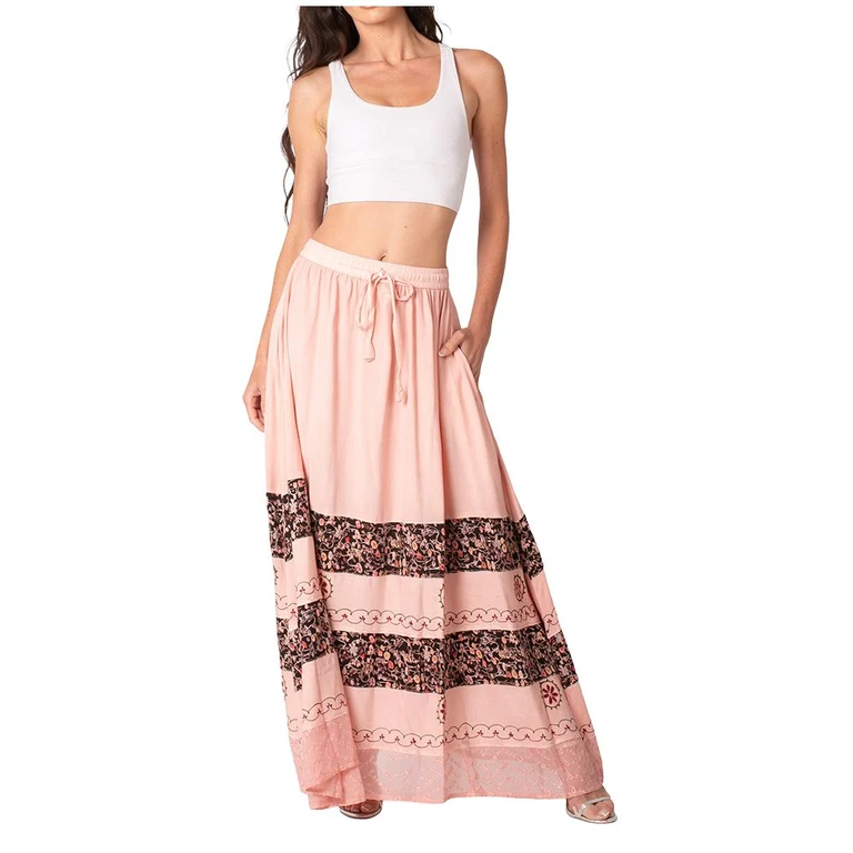 Sakkas Sandra Women's Casual Long Maxi Boho Gypsy Skirt Elastic Waist & Pockets