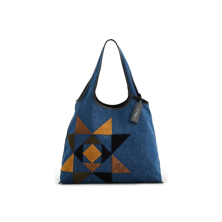 3.1 Phillip Lim Suede Quilted Denim Market Tote Blue Indigo Multi One Size