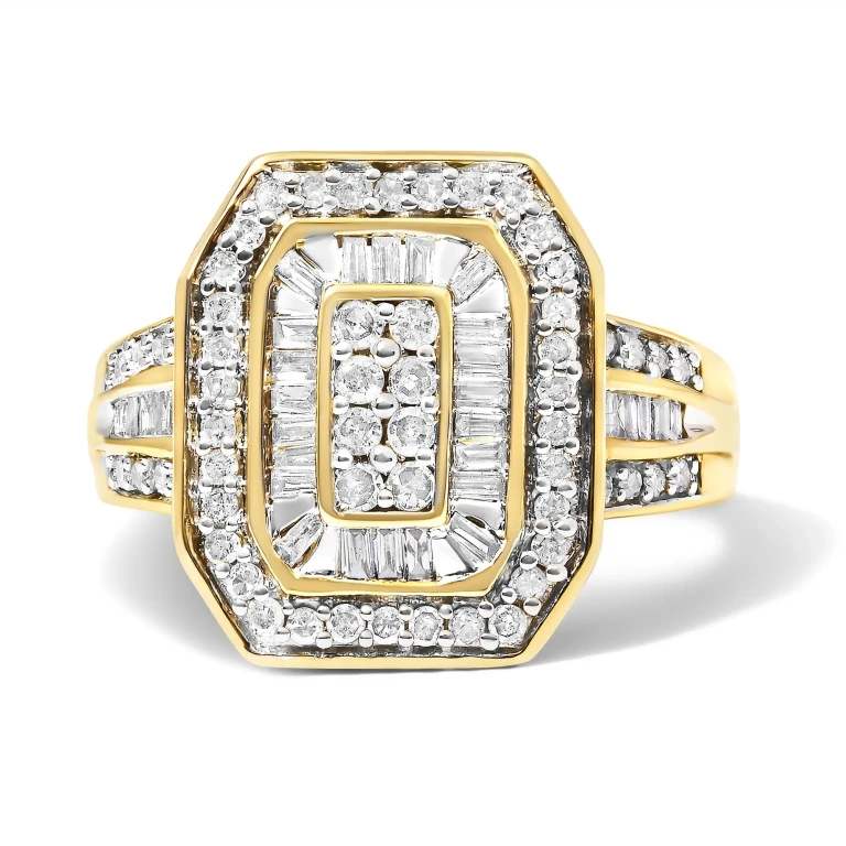10K Yellow Gold 1.0 Cttw Diamond Vintage Inspired Baguette-Cut Double Halo Emerald-Shaped Frame Cocktail Ring (I-J Color, I1-I2 Clarity)