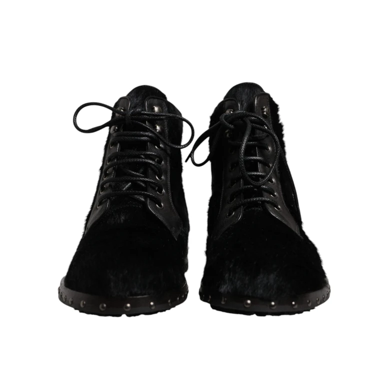 Dolce & Gabbana Black Pony Style Leather Mid Calf Boots Shoes - Men