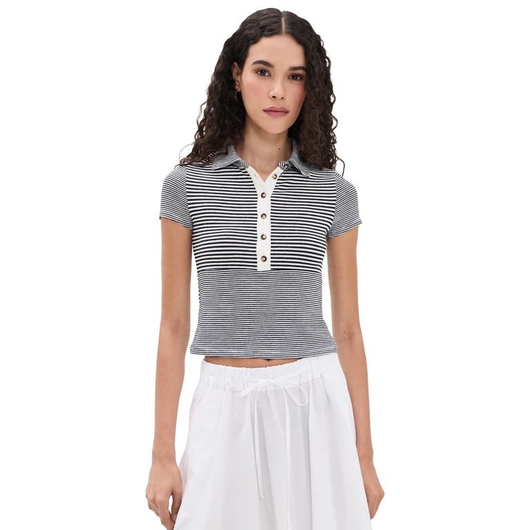 rag & bone The Knit Button Stripe Polo Tee Ivory Multi S