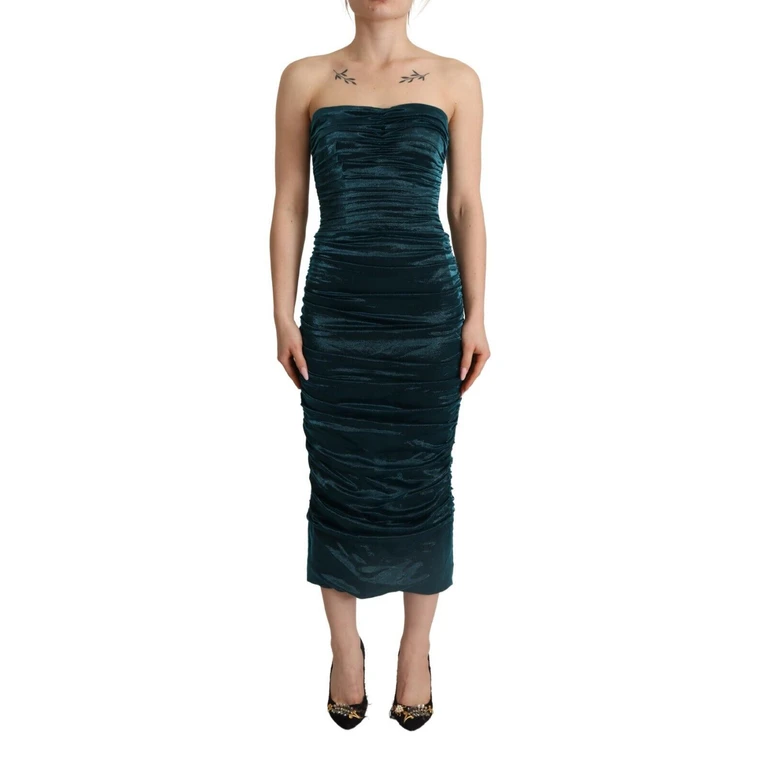 Dolce & Gabbana Turquoise Bustier Bodice Draped Midi Dress Silk Polyester Elastane - Women