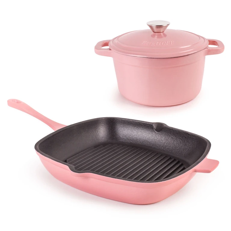 Neo 3pc Cast Iron Cookware Set, Grill Pan & Round Dutch Oven, Pink