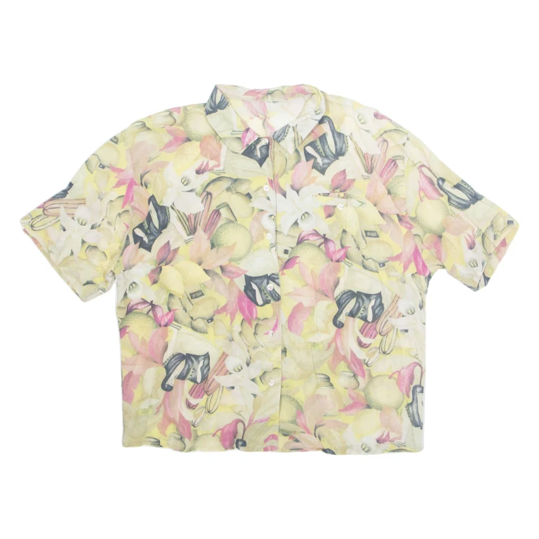 Womens Printed Shirt Yellow Collared Crazy Pattern L