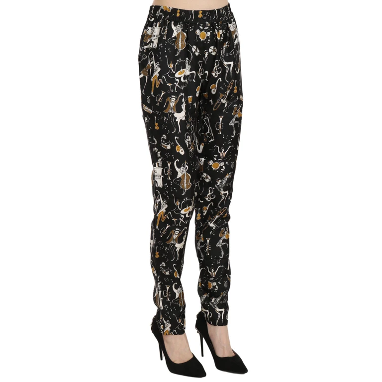 Dolce & Gabbana Black Jazz Club Print High Waist Tapered Pants Silk - Women