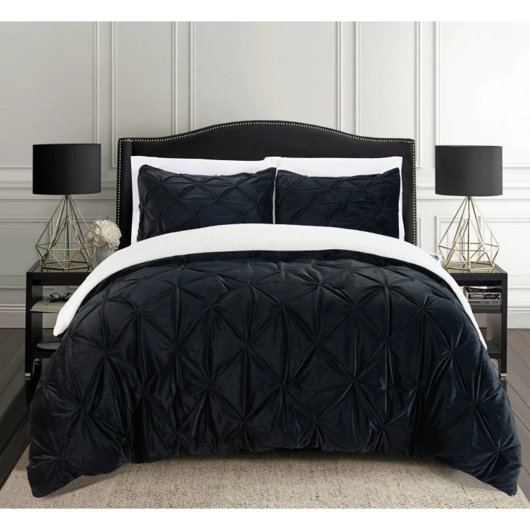 3-Piece Pinch Pleated Micro-Suede Reversible Sherpa - Comforter Set
